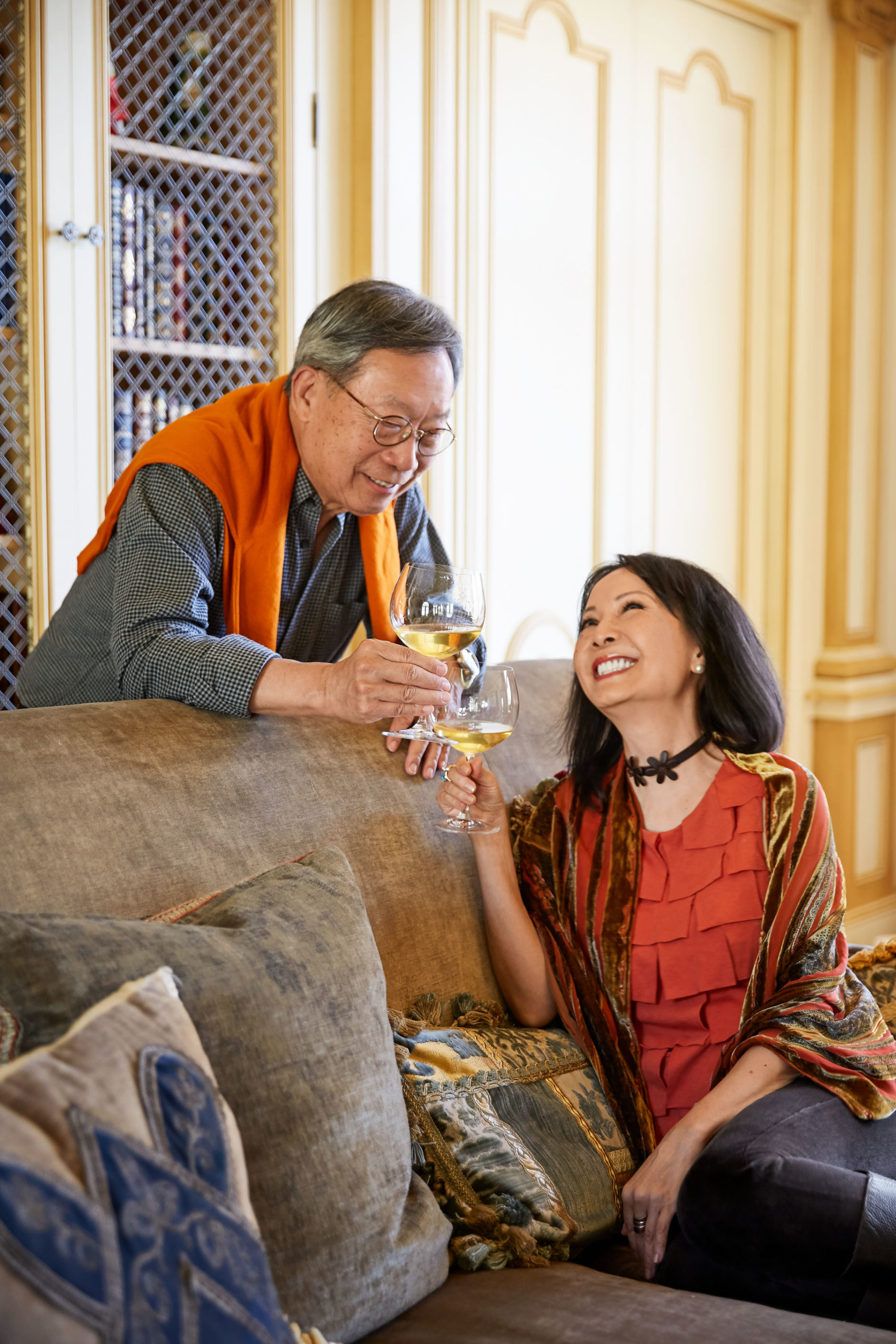 Hestan Vineyard's proprietors, Stanley and Helen Cheng cheersing.