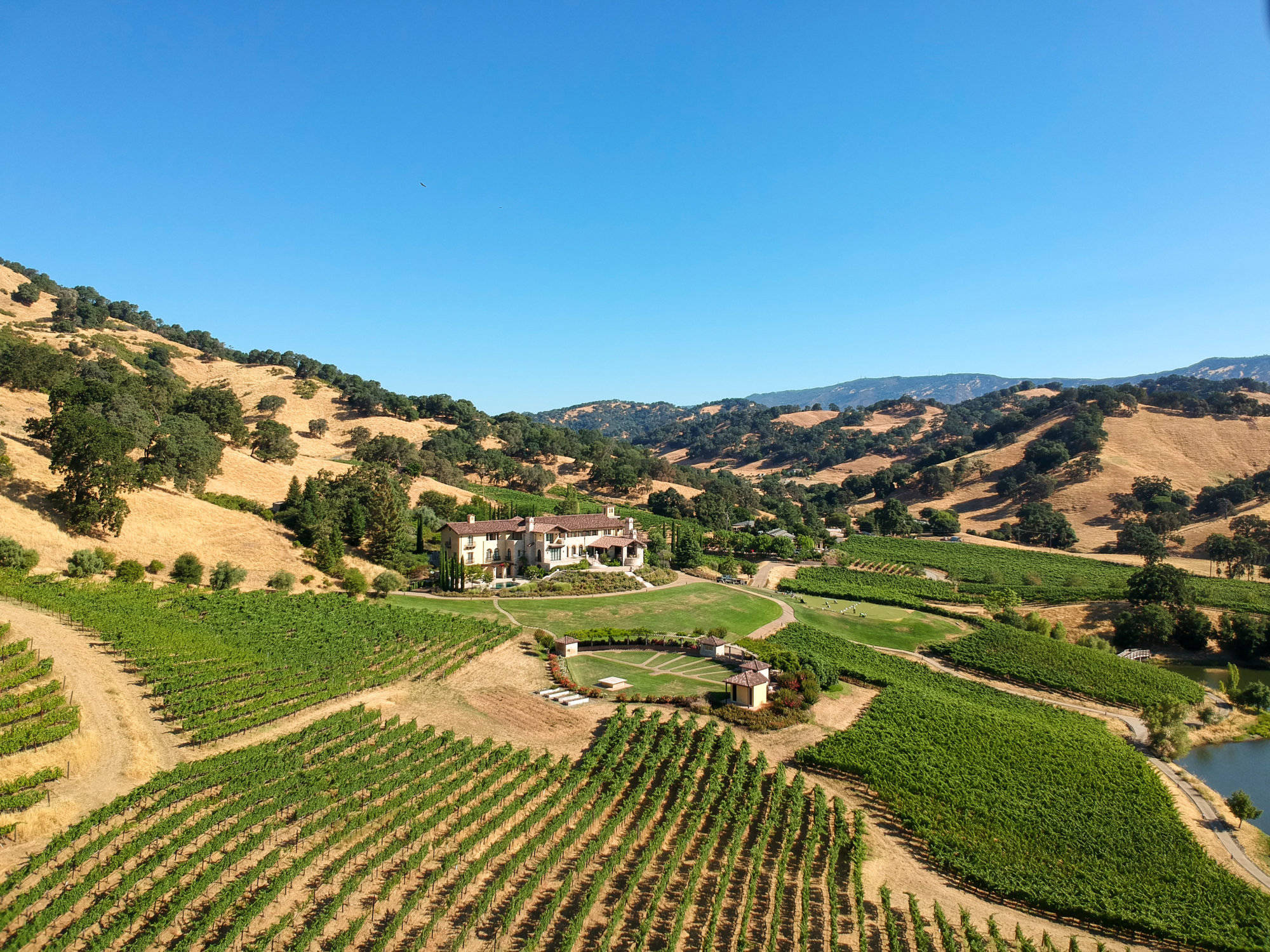 The Estate and Vineyards in Gorden Valley surounded by golden hills.